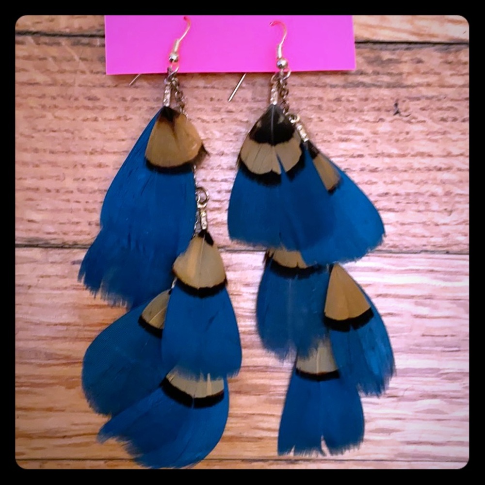 Teal/turquoise layered peacock feather earrings